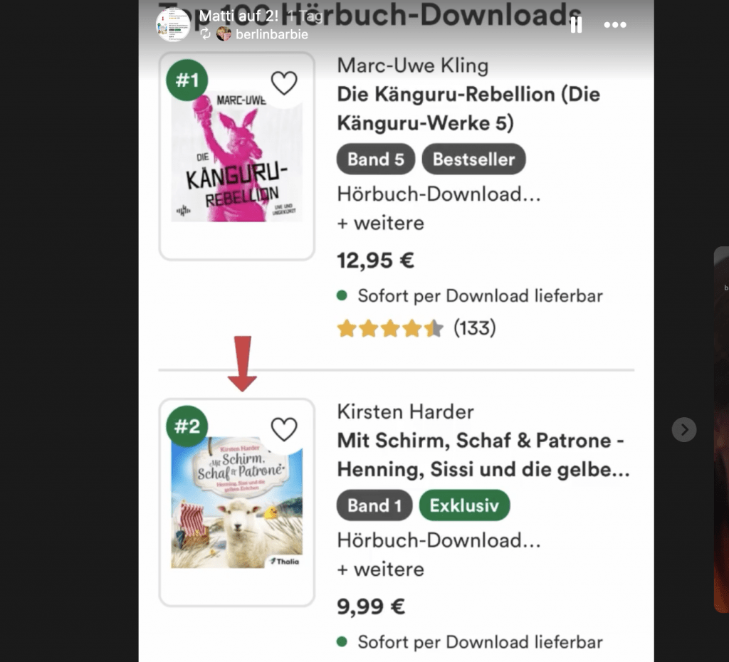 Thalia Hörbuch Ranking: Marc-Uwe Kling und sein Känguru auf Platz 1, direkt dahinter "Mit Schirm, Schaf und Patrone" von Kirsten Harder